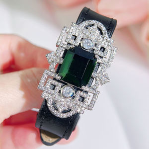Sequito sáng tạo trang sức nữ Inlay hình chữ nhật màu xanh lá cây cắt AAA đá Cubic Zirconia mạ bạc cá tính Mặt dây chuyền lớn thắt lưng bằng da Watchband Vòng đeo tay người bạn tốt nhất Quà Tặng B228