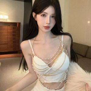 GUZILIAN | Pure Desire French V-neck Gathered Type Golden Pearl Chain Decoration Two-piece Set Inner Wear Underwear Korean Style Commute