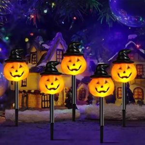 1Set 5PCS Halloween Jack-O-Lantern Pumpkin Stake Lights Solar LED Outdoor Ground Pathway Lights for Yard Lawn and Garden Decor