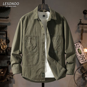 LIANSENNIAO | Áo Sơ Mi Dài Tay Cotton Thoáng Mát Màu Xanh Quân Đội