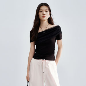 PEACEBIRD | Summer New Mesh Splicing Off-Shoulder T Shirt