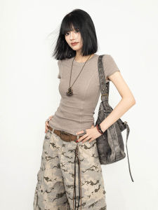 OCTLAB American Retro Short Sleeve Basic Versatile Slim Fit Shoulder T-Shirt Womens Summer Short Style Cotton Blend Tee