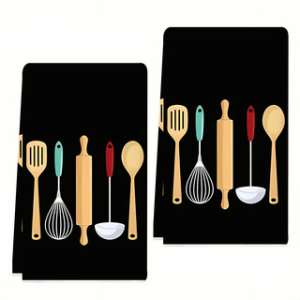 2-Piece Set of Black Rolling Pin Knife Fork Spoon Kitchen Towel Dish Towel Hand Towel Kitchen Decorative Towel Neighbor Gift Sweet Housewarming Gift for a Friend Mom Gift Friend Birthday Gift.