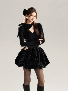 Sweet Cool Spicy Girl Butterfly Knot Design Flower Bud Dress Winter New High Waist Birthday Gift Little Black Dress Korean Style