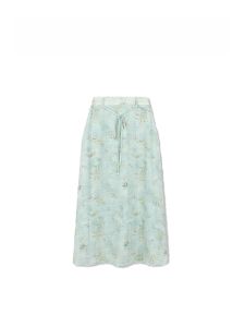 กระโปรงทรงเอเอวสูงผ้าโพลีเอสเตอร์ลายดอกไม้สำหรับผู้หญิง สไตล์ฤดูร้อน 2025 กระโปรงทรงเอผ้าลายดอกไม้ยาวปานกลาง