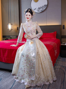 Champagne Colored Chinese Style Wedding Dress Exquisite Embroidery Vintage Fashion Bridesmaid Gown for Marriage Ceremony