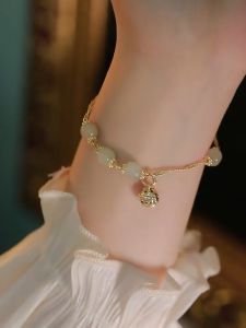 ASIX GOLD Original Design Hetian Jade Universal Bracelet Emerald Bracelet For Women 916 Gold Crystal Beads Strand Bracelets Women Fine Jewelry Charm Jewellery Fashion Amulet Gifts Women Bangle Bangle Bell Pendant Cuff Gelang Wanita 和田玉女士手链