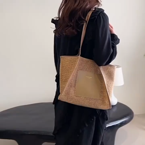 NIkyLundun กระเป๋าถือขนาดใหญ่ดีไซน์ทอสำหรับใช้งานในฤดูร้อนแบบลำลอง