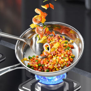 Konco 304 stainless steel flat frying  pan Three layer steel  glossy  frying pan steak pan non-stick flat bottomed pan uncoated  cookware