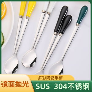 Home Use Ceramic Long Handle Coffee Spoon 304 Stainless Steel Mini Spoon for Milk Tea Stirring And Dessert Serving in Restaurants