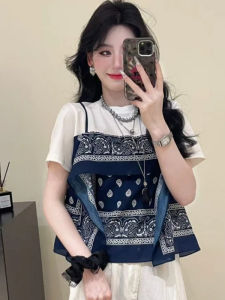 BINKAFENNY | Unique Design Summer Short Sleeve T-Shirt Womens Print Patchwork Beautiful Asymmetrical Top Korean Style Loose Fit Round Neck