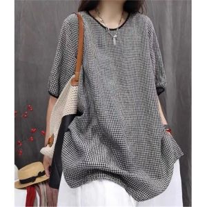 เสื้อเชิ้ตแขนยาวลายสก็อตสไตล์วินเทจหลวมๆ ลำลอง แขนยาวปานกลาง ทรงหลวมๆ สำหรับผู้หญิง ฤดูร้อน 2025