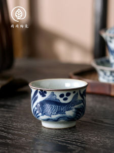 Jingdezhen Ancient Clay Blue And White Fish Algae Pattern Stove Style Cup Small Size for Home Use Gongfu Single Person Guest Tea Cup