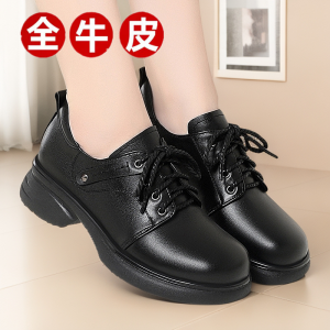 Womens Fashion Leather Shoes Spring 2025 Soft Bottom Medium Heel British Style Casual round Toe Rubber Outsole Deep Mouth