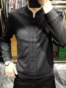 Spring Fashion Mens Knitted Long Sleeve Base Shirt Chinese Style Top Trendy City Casual Regular Fit Youthful Button Decor