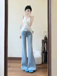 VKSOD | Bộ đồ hai mảnh phong cách Pháp đơn giản ren nối cổ treo quần jeans ống đứng thời trang mùa hè cho nữ
