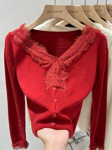 Áo Len Cardigan Dệt Kim Cổ Chữ V Ren Ngắn Cho Nữ Mùa Thu Đông Màu Đỏ Thiết Kế Độc Đáo Áo Len Cardigan Dài Tay Thường