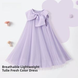 Princess Style Cotton Dress for Girls Summer Butterfly Knot Skirt mid Waist Nylon Fabric No Sleeve Medium Length Childrens Dress