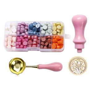 200pcs Tulip Wax Seal Stamp Kit 1 Sealing Wax Stamp Brass Head 200pcs Sealing Wax Beads 1 Pink Wax Spoon 1Pink Wooden Handle