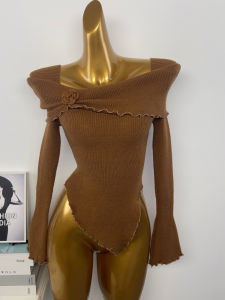 Sweet 3D Flower Knitted One Shoulder Womens Slim Fit Base Shirt Korean Style Commute Soft Fabric Asymmetrical Wood Ear Edge