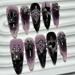 10 Pieces Y2k Halloween Punk Dark Handmade Press On Nails Spicy Girl Sweet Cool Bunny Spider Star Fake Nails Detachable Manicure