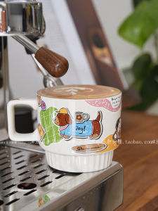 Retro Mocha Brown Ceramic Mug Sausage Dog Latte Coffee Cup Breakfast Milk Gift Single Ear Handle No Lid Animal Pattern