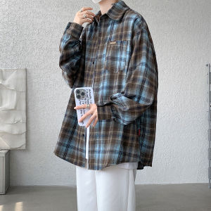 OUMULONG | Matcha Green Plaid Summer American Retro Style Sunscreen Shirt Long Sleeve Clean Fit