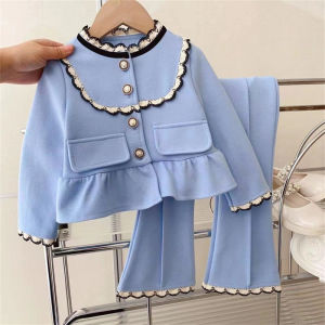 Girls Fashionable Two-Piece Set Spring Autumn Small Fragrance Style Childrens Clothing Polyester Cotton Blend Single Button Closure