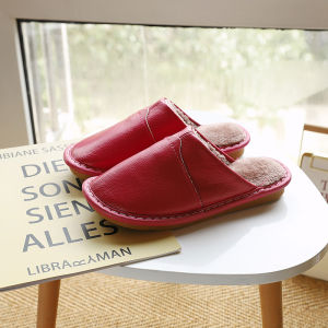 Genuine Leather Cotton Slippers Mens Winter Home Indoor Waterproof Non Slip Couple Fleece-Lined Heattech Pure Cowhide Slippers Women For Home