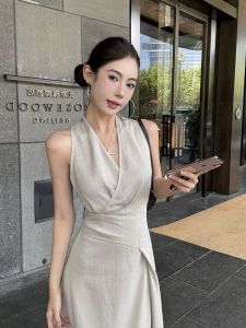 Elegant V-Neck Sleeveless Vest Dress Womens Summer Belted Slimming A-Line Long Dress Korean Style City Commute Suitable