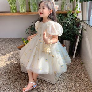 1-8Years Children Girls Dress Summer Puff Short Sleeves Round Neck Mesh Floral Princess Dresses