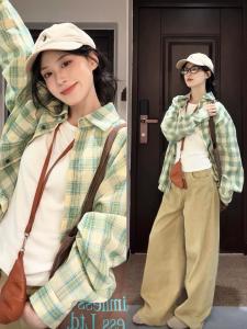 Retro American Plaid Long Sleeve Shirt Womens Spring Autumn Loose Meat Covering Shirt Coat Top Hong Style Casual Style