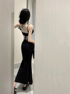 Sweet Spicy Wind Womens Dress Summer Style Pure Color Exposed Waist Long Dress with U-Collar Bodycon Skirt