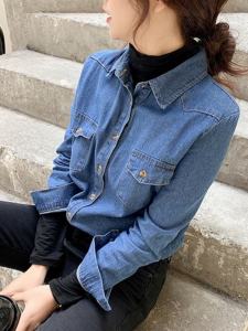 Áo Sơ Mi Denim Nữ Dáng Ôm Cổ Polo Tay Dài Cotton 100% Mùa Thu 2021 Phong Cách Hàn Quốc Cổ Điển Phong Cách HongKong