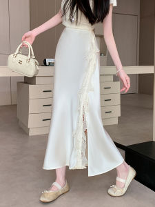 กระโปรงยาวครึ่งตัวผ้าซาตินลูกไม้เอวสูงสำหรับผู้หญิงในฤดูร้อน กระโปรงทรงเอเข้ารูป กระโปรงยาวคลุมสะโพก สไตล์หวาน กระโปรงทำงาน