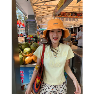 Short Sleeve round Neck Embroidered T-Shirt Womens Slim Fit Korean Style Commute Cotton Polyester Blend Summer Top