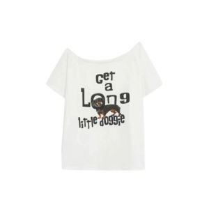 YUEZHONGWEI | Retro American Cartoon Letter Print Diagonal Shoulder White Short Sleeve T-Shirt Women Summer Loose Design Sense Shoulder Baring Top