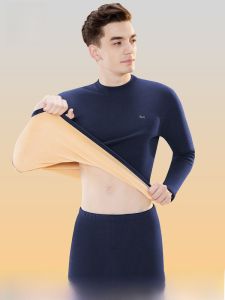miiow | Mens Thermal Underwear Set Fleece Lined Thickened Warmth High Collar Long Sleeve Double Layer Polyester Spandex Blend Youth Size