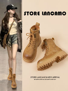 Womens Martin Boots Autumn Winter New Style British Style Fleece Lined Genuine Leather Short Boots Inner Heightening Thick Bottom Motorcycle Single Boot