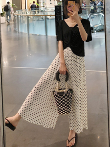 QIAONIAOGE | Summer Thin Chiffon Wide Leg Pants Womens Polka Dot Skirt Pants Pleated Draping Casual Nine Point Straight Cut High Waist Trousers