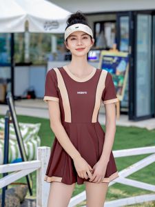 Womens 2025 New Short Sleeve Conservative Cover up Slimming Skirt Style Hot Spring One Piece Swimsuit Sport Yoga Fitness Fan Gear