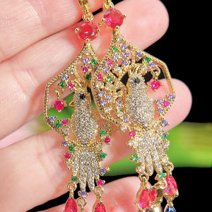 Sequito hấp dẫn phụ nữ trang sức Tai đầy đủ Micro Pave Nhiều màu AAA đá Cubic Zirconia mạ vàng may mắn chim siêu dài bông tai thả cho prom Đảng SE888