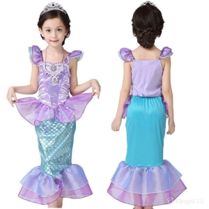 SG Seller Princess Ariel Mermaid Dress Costume Party Cotton Short sleeved dress baby kids cotton Cosplay Ready Stock Bright Color Machine Washable Wig Necklace Accessory suitable for 2 to 12 years old