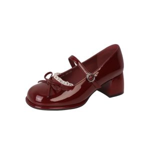 Josiny | Retro Style Red Coarse Heel Shoe Female