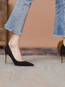 Giày Một Lớp Mẫu Mới Xuân Hè 2023 Feiyan Giày Cao Gót Công Sở Làm Việc Tay Màu Đen Mặt Nhung Đi Làm Đơn Giản Cho Nữ Da Thật