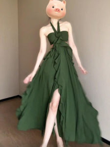 Retro Unique Design Halter Neck Slit Long Dress
