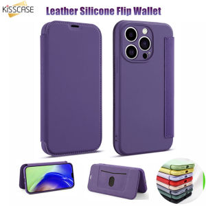 Kisscase Silicone lỏng nguyên bản Ví lật khe cắm thẻ PU Ốp da cho iPhone 15 Pro Max 14 Cộng Với 13 12 11 màu trơn Chủ Đứng Mềm Bìa