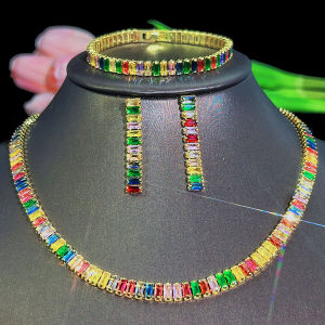 SEQUITO Trendy Yellow Gold Plating Choker Necklace Drop Earrings Chain Bracelet Sets Baguette Cut High Quality Colourful AAA CZ Zirconia Crystal Women Jewelry Set for Pageant SJ391