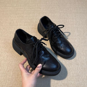 British Style Knot Thick Heel Leather Shoes Womens Versatile Genuine Leather Silent Tire Bottom round Head Commuting Single Shoes