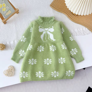 Bear Leader Ternos Kids Girls Casual Clothes Flower Bow Printed Long Sleeved Sweater Red Christmas Dress Winter New Childrens Clothing New Year